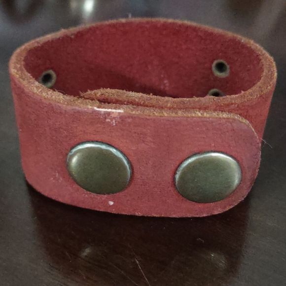 Women's Red Leather and Silver Love Plate Cuff Bracelet - Picture 2 of 5